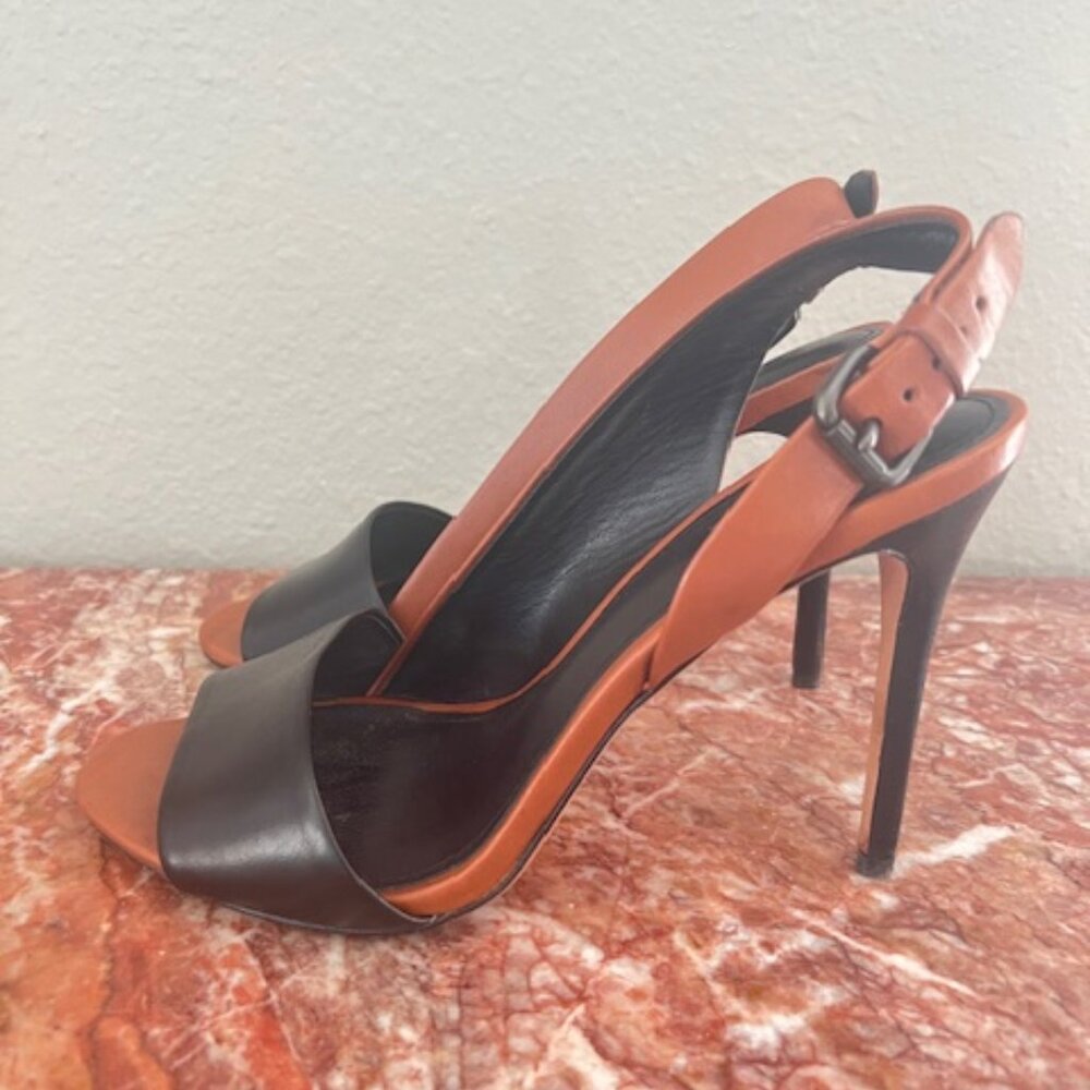 Coach Brown and Black Leather Slingback High Heel Sandals